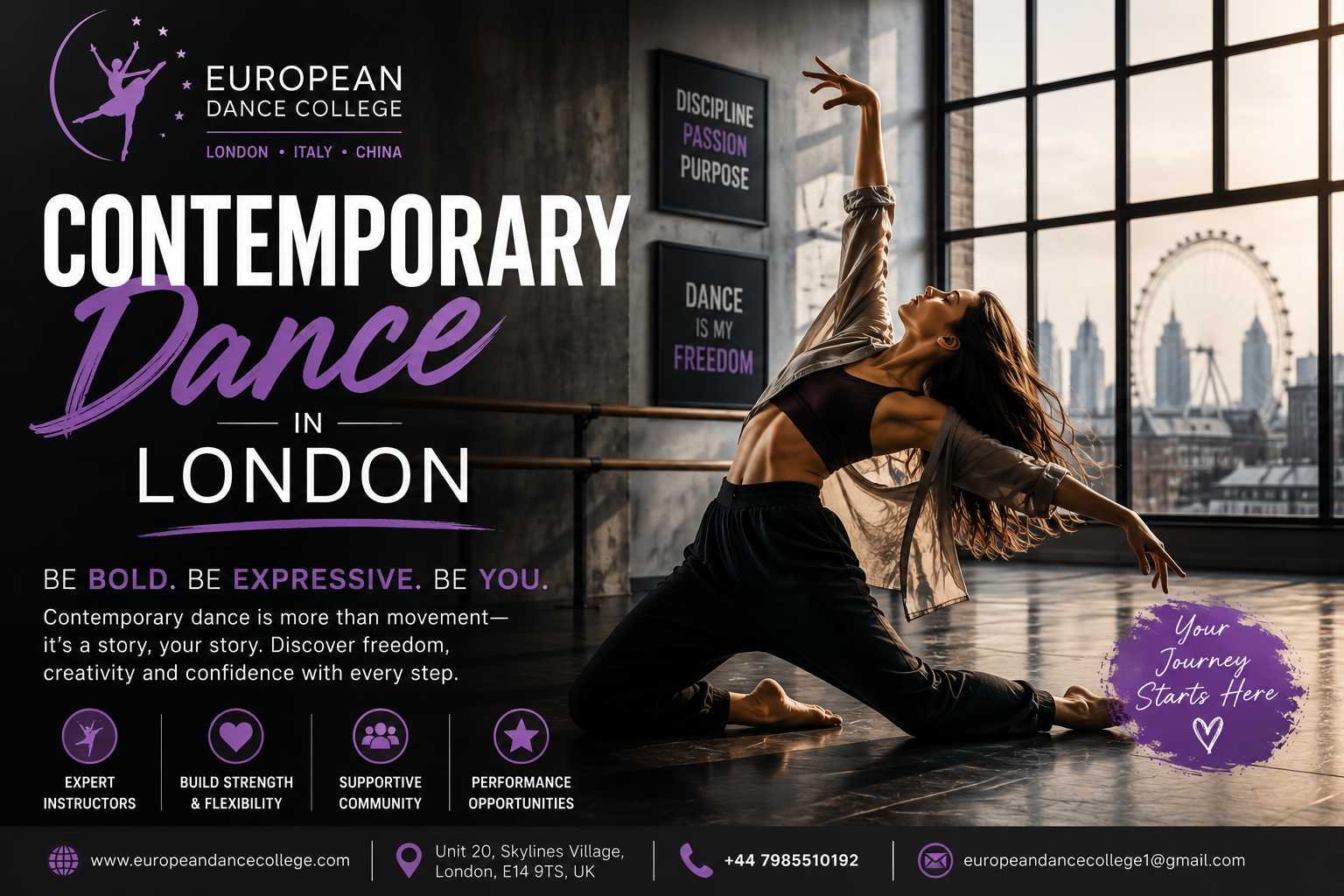 CONTEMPORARY Dance in London: Unlock Your Creativity Through Movement Imagine a place where every movement tells a story, every performance reflects emotion, and every class inspires confidence. That's the beauty of CONTEMPORARY Dance in London—a dance style that blends artistry, technique, and freedom to create something truly unforgettable. Whether you're taking your very first dance class or looking to refine your skills as an experienced performer, contemporary dance offers an exciting journey of self-expression, creativity, and personal growth. At European Dance College, every lesson is designed to challenge, inspire, and help dancers discover their unique artistic voice. More Than Dance—It's a Way to Express Yourself Unlike traditional dance styles that follow strict rules, contemporary dance celebrates individuality. It encourages dancers to move with purpose, connect with music emotionally, and transform feelings into powerful performances. Every class is an opportunity to: • Build strength, flexibility, and balance. • Improve posture and body control. • Learn expressive choreography that tells meaningful stories. • Develop confidence both on and off the stage. • Explore creativity without limits. No two dancers move exactly the same—and that's exactly what makes contemporary dance so inspiring. Train with Passion at European Dance College At European Dance College, learning goes far beyond memorising routines. Students are guided by experienced instructors who believe that great dancers combine technical excellence with authentic expression. Each session is carefully structured to help students progress at every stage of their journey through: • Dynamic warm-ups and body conditioning. • Floor work and contemporary techniques. • Musical interpretation and improvisation. • Creative choreography and performance practice. • Individual guidance in a supportive environment. Whether your ambition is to dance professionally or simply enjoy a rewarding new hobby, you'll find a welcoming community that encourages growth, creativity, and confidence. Why CONTEMPORARY Dance in London Inspires So Many Dancers London is recognised around the world for its vibrant performing arts scene. Training in such an inspiring city means learning in an environment where creativity thrives and opportunities continue to grow. Choosing CONTEMPORARY Dance in London means becoming part of a culture that values innovation, artistic excellence, and personal development. Every class brings new challenges, fresh ideas, and exciting ways to improve your skills while connecting with like-minded dancers who share your passion. Discover the Benefits Beyond the Studio Contemporary dance transforms much more than technique. It strengthens both body and mind while encouraging confidence, discipline, and resilience. Regular training can help you: • Increase flexibility and overall fitness. • Enhance coordination and body awareness. • Improve focus and mental wellbeing. • Develop creativity and emotional intelligence. • Build lasting friendships within the dance community. • Gain valuable performance experience. The skills developed through dance often become lifelong strengths that benefit education, careers, and everyday life. Every Performance Starts with One Brave Step Great dancers aren't born—they're inspired, supported, and continuously challenged to grow. At European Dance College, every class is an opportunity to unlock your potential, push your boundaries, and celebrate your progress. From your first lesson to your first performance, you'll be encouraged to express yourself with confidence while developing the technique needed to perform at your very best. Begin Your Dance Story Today If you've been searching for a place where creativity, passion, and professional training come together, your journey starts here. European Dance College welcomes dancers of all backgrounds who are ready to explore movement, embrace new challenges, and enjoy every step of the learning process. Experience the excitement of CONTEMPORARY Dance in London